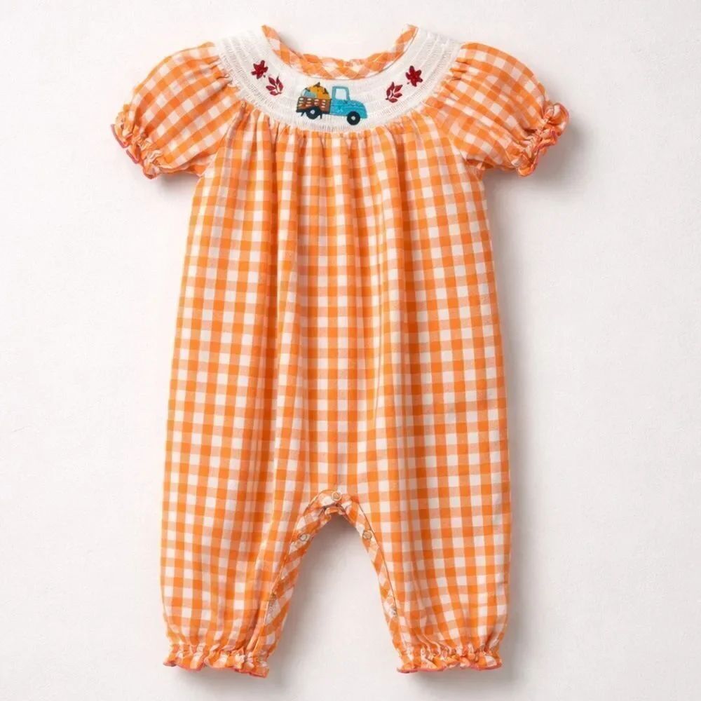 The Smocking Barn Fall Orange white gingham smocked embroidered jumper size 18 m